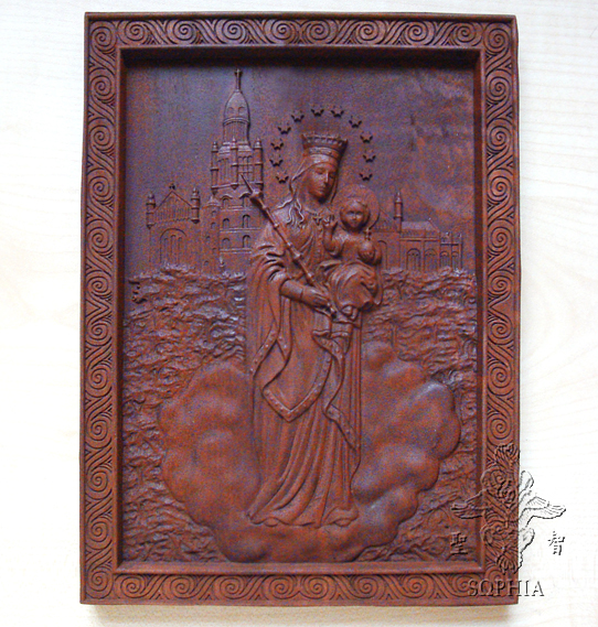 红木雕刻佘山圣母像挂屏 